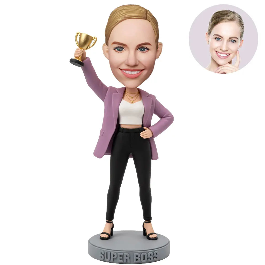 Custom Super Boss Bobblehead for Women in Lavender Blazer Holding Trophy High – Personalized Boss Day Gift for Her