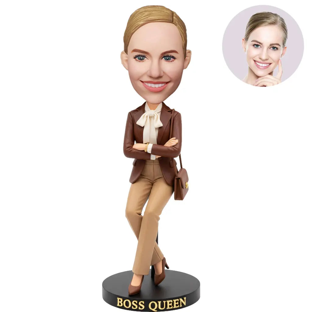 Custom Boss Queen Bobblehead for Women in Brown Leather Blazer Arms Crossed – Personalized Boss Day Gift for Her