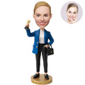 Custom She Means Business Bobblehead for Women in Blue Blazer Holding Star Trophy – Personalized Boss Day Gift for Her