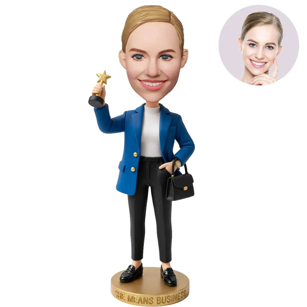 Custom She Means Business Bobblehead for Women in Blue Blazer Holding Star Trophy – Personalized Boss Day Gift for Her