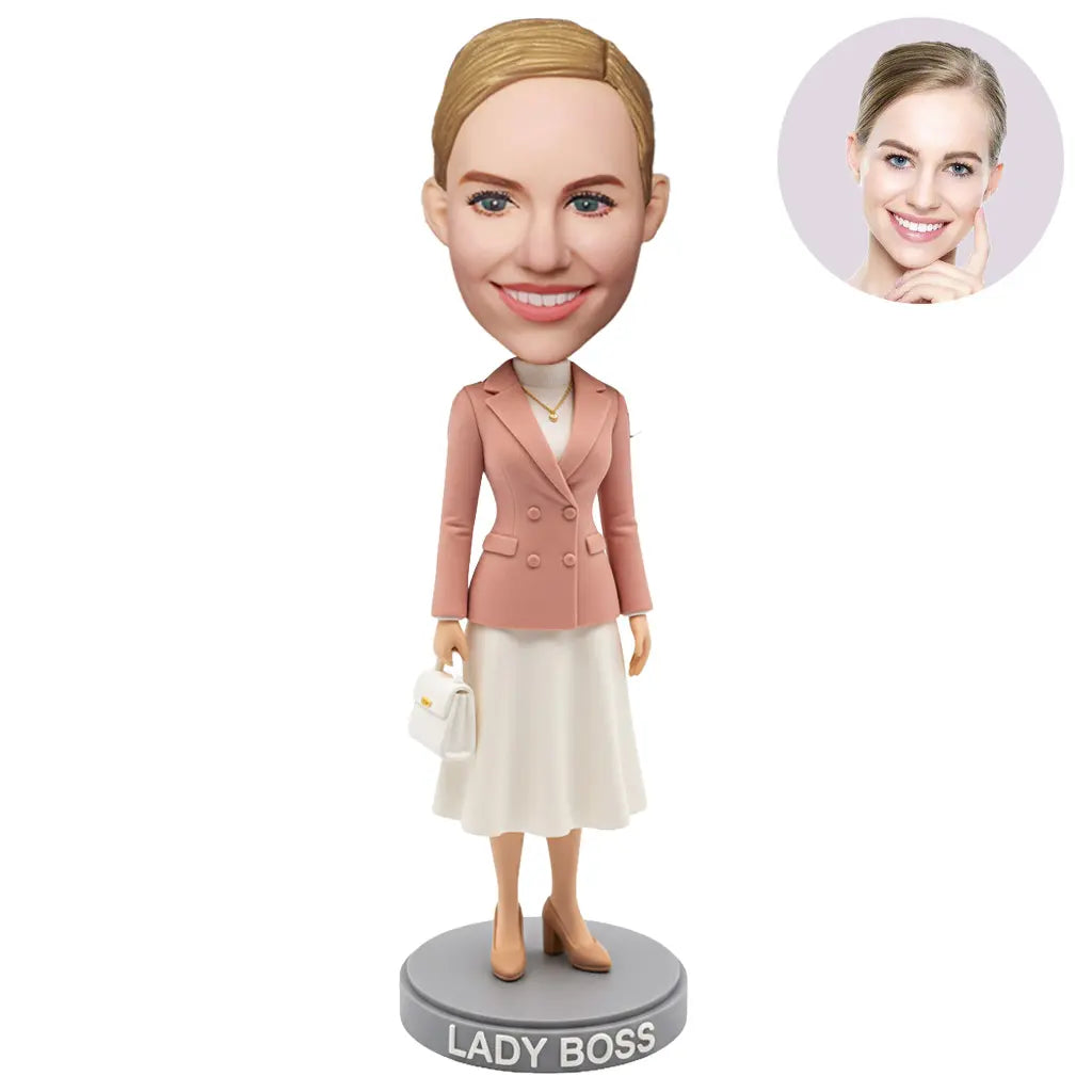 Custom Lady Boss Bobblehead for Women in Rose Pink Blazer and White Skirt – Personalized Boss Day Gift for Her