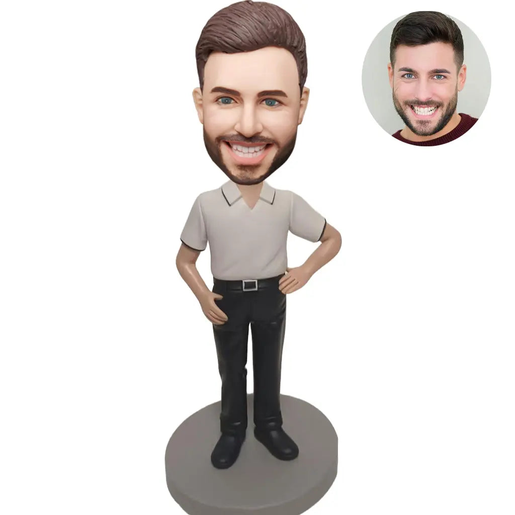 Custom bobblehead for men in beige polo shirt and dark pants – personalized casual male gift handcrafted from photo