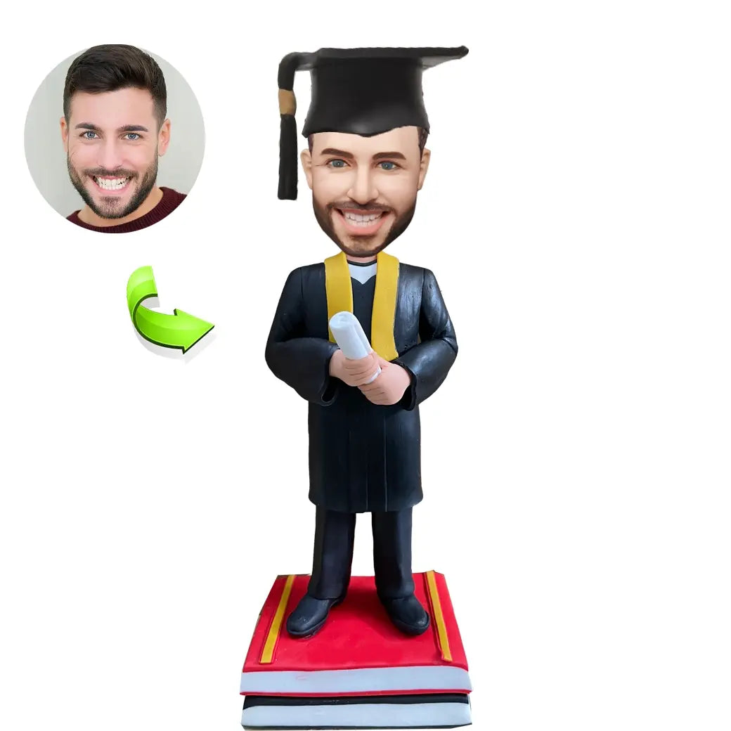 Graduation custom bobblehead of Graduation 15 in cap and gown, a memorable keepsake for graduation celebrations
