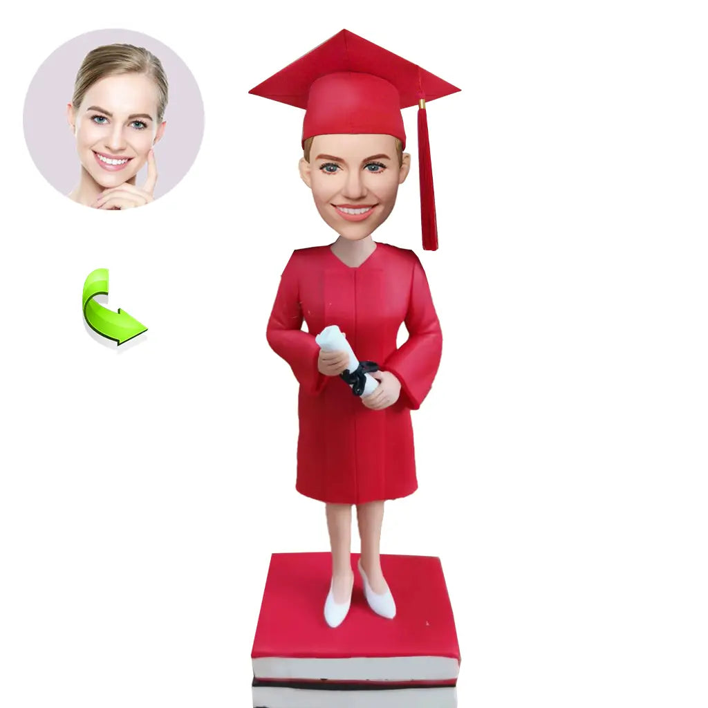 Graduation custom bobblehead of Graduation 32 in cap and gown, a memorable keepsake for graduation celebrations