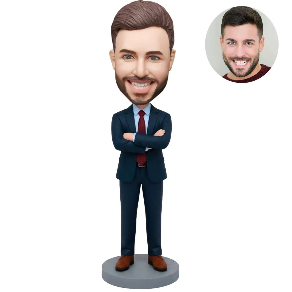 Custom bobblehead for men in dark navy suit with red tie arms crossed – personalized boss gift handcrafted from photo