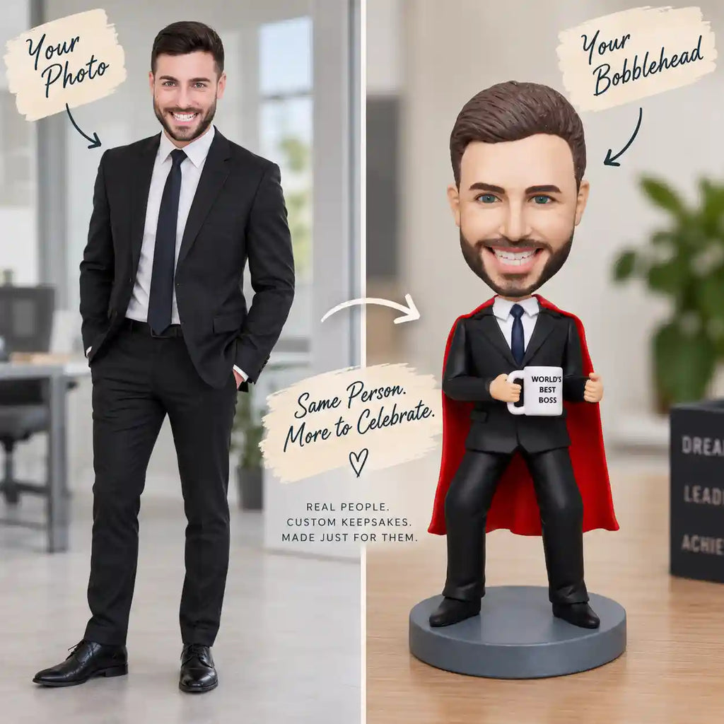Custom Superhero Boss Bobblehead with Red Cape – World's Best Boss Personalized Gift