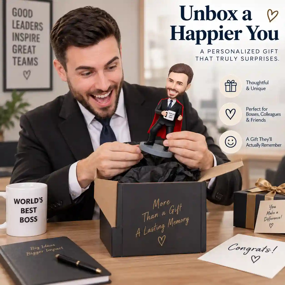 Custom Superhero Boss Bobblehead with Red Cape – World's Best Boss Personalized Gift