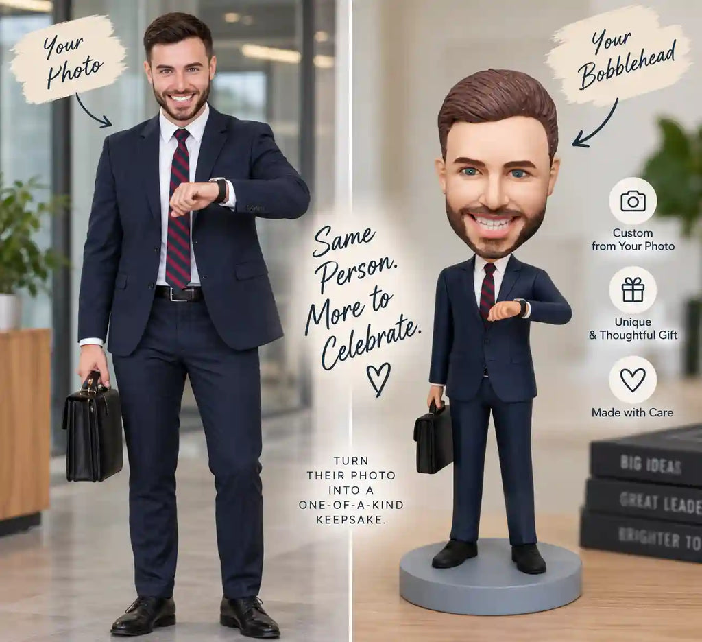 Custom Bobblehead for Men with Briefcase Checking Watch – Personalized Executive Boss Gift