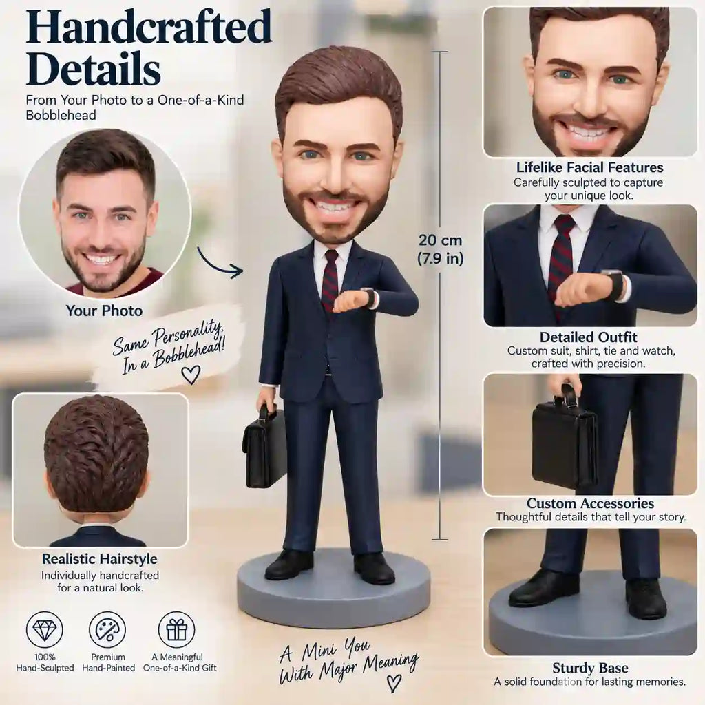 Custom Bobblehead for Men with Briefcase Checking Watch – Personalized Executive Boss Gift