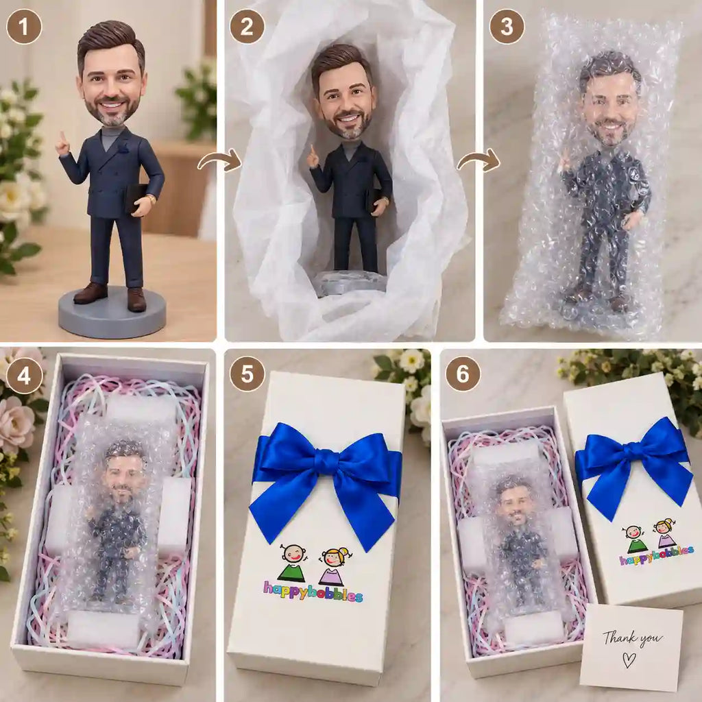 Custom Bobblehead for Men with Briefcase Checking Watch – Personalized Executive Boss Gift
