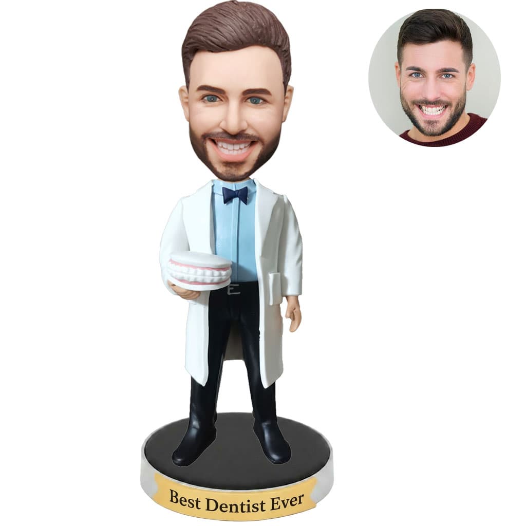 Custom male dentist bobblehead holding dental teeth model, personalized thank you gift for dentist
