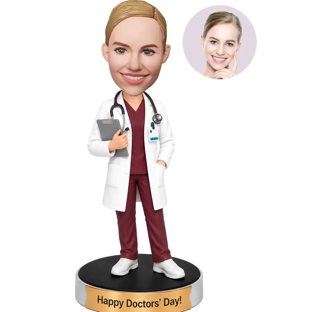 Custom Doctors' Day female doctor bobblehead in white coat and burgundy scrubs holding a clipboard