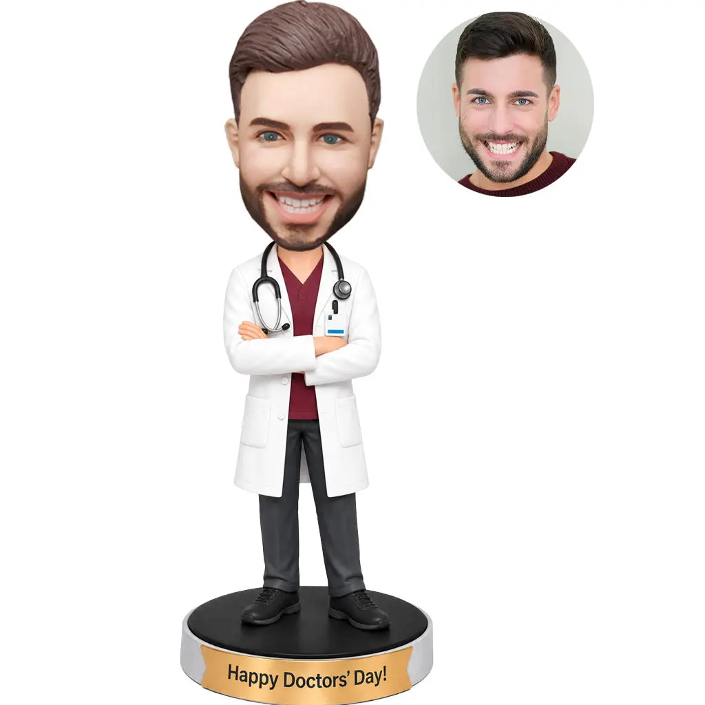 Custom Doctors' Day male doctor bobblehead in white coat and burgundy scrubs with stethoscope