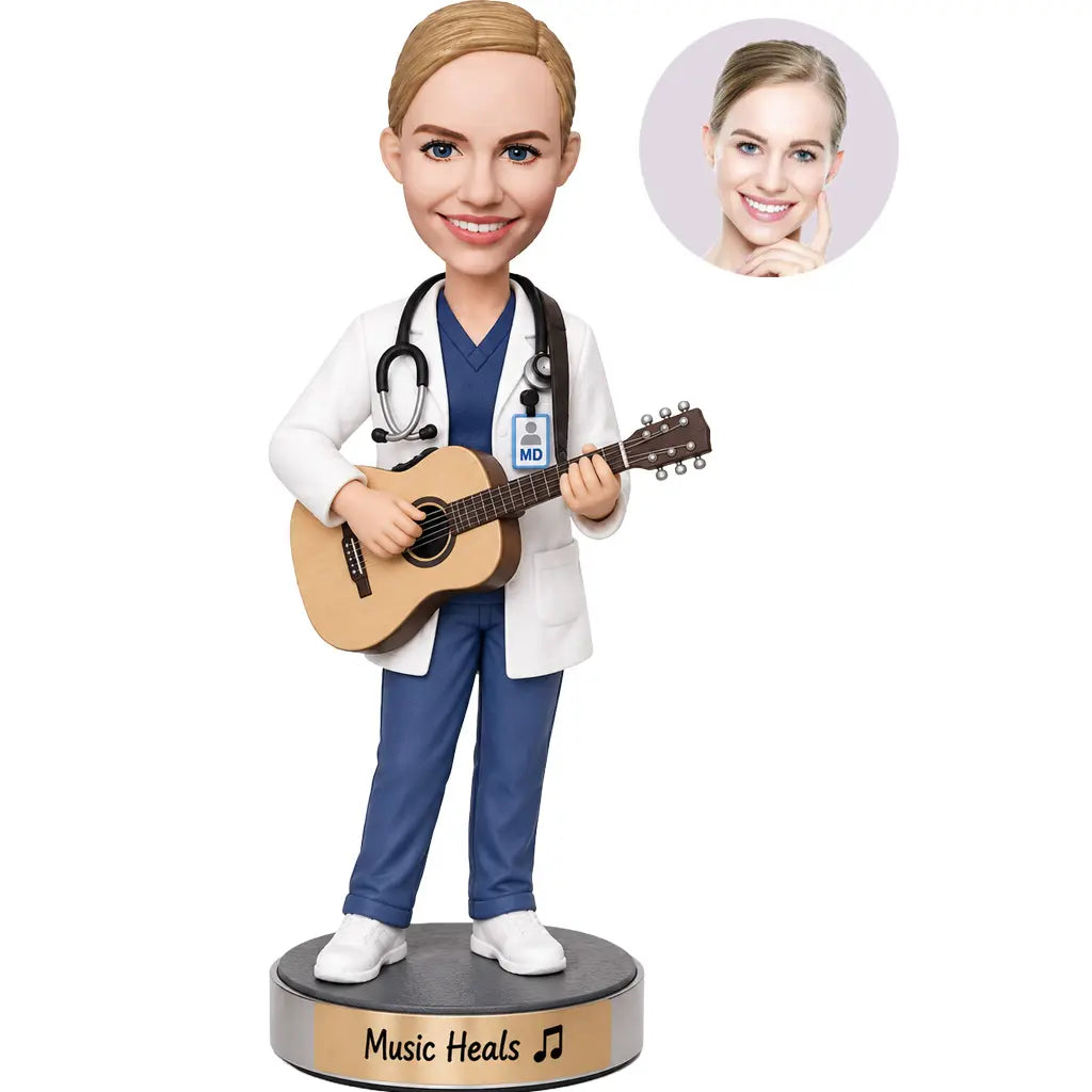 Custom female doctor bobblehead in white coat and medical scrubs playing an acoustic guitar