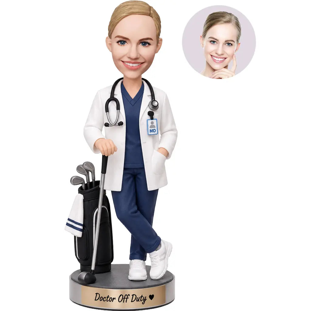 Custom female doctor golf bobblehead in white coat and navy scrubs with golf clubs and personalized base