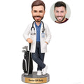 Custom golf doctor bobblehead in white coat with stethoscope, golf clubs and personalized base