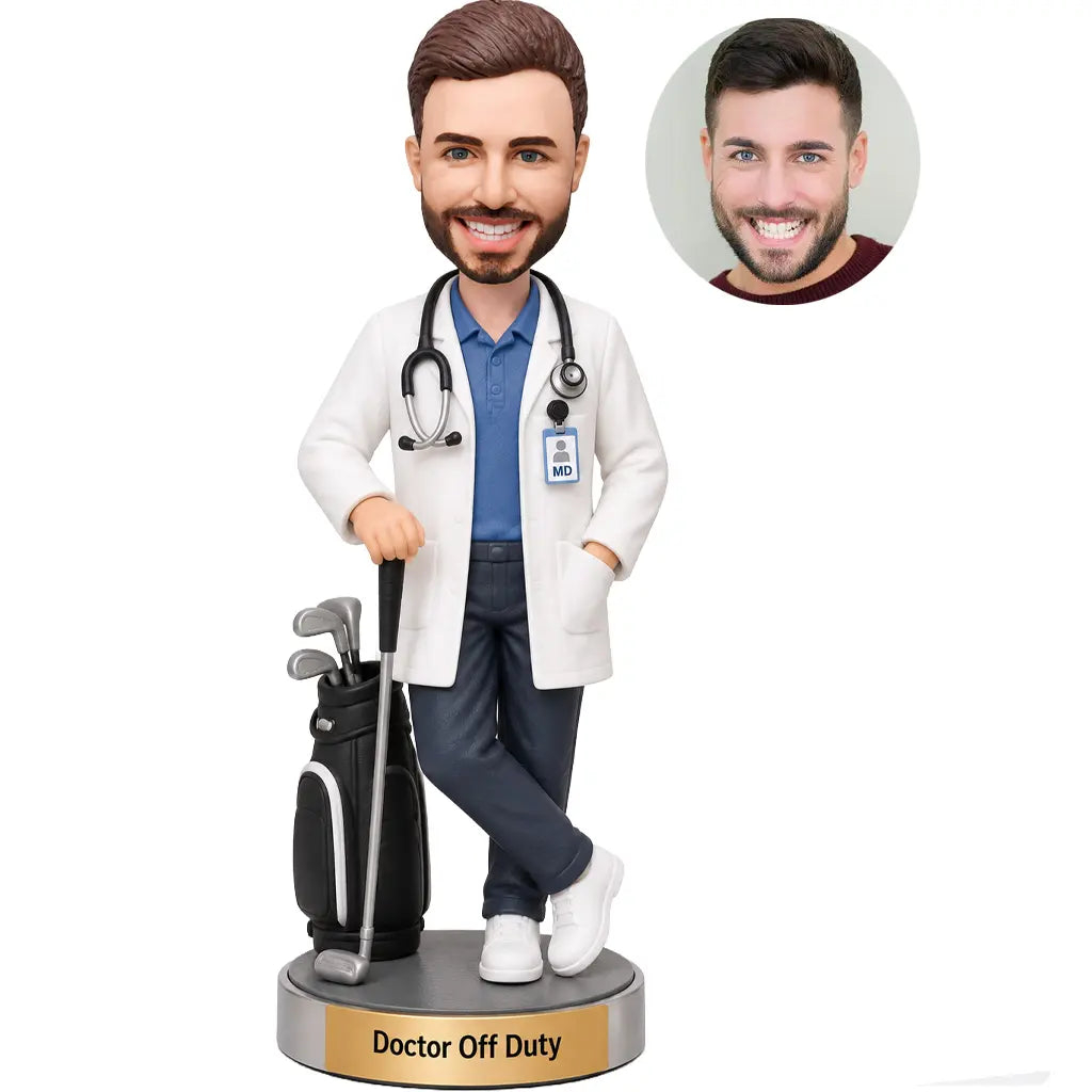 Custom golf doctor bobblehead in white coat with stethoscope, golf clubs and personalized base