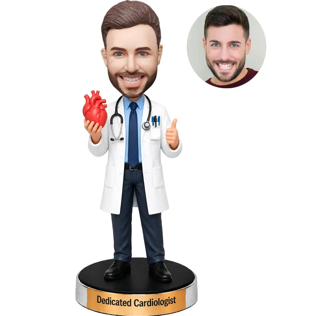Custom male cardiologist bobblehead in white coat holding an anatomical heart model with stethoscope