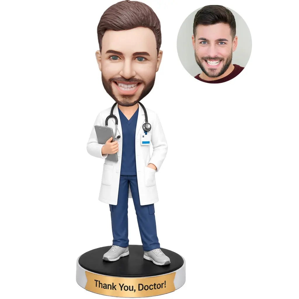Custom male doctor bobblehead in navy scrubs and white coat holding a clipboard with stethoscope