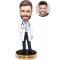 Custom new male doctor bobblehead in white coat with stethoscope and personalized engraved base