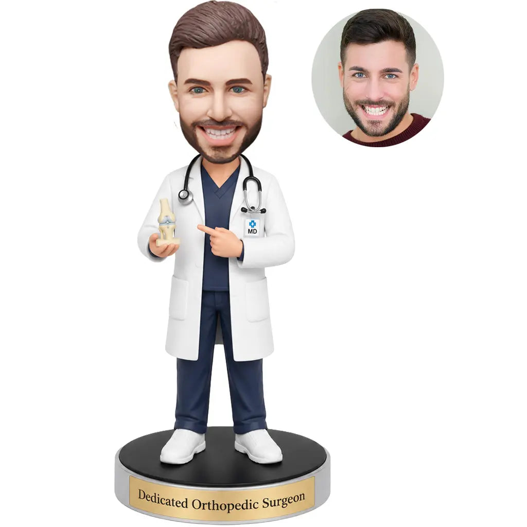Custom orthopedic surgeon bobblehead in white coat holding a knee joint model with stethoscope