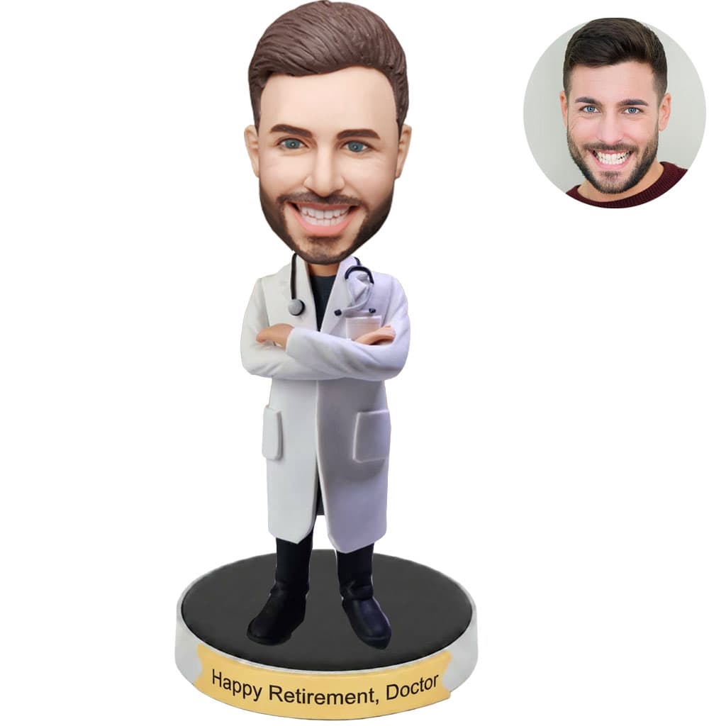 Custom Doctor Retirement Bobblehead from Photo – Personalized Physician Farewell Gift with Engraved Base, Unique Medical Career Keepsake