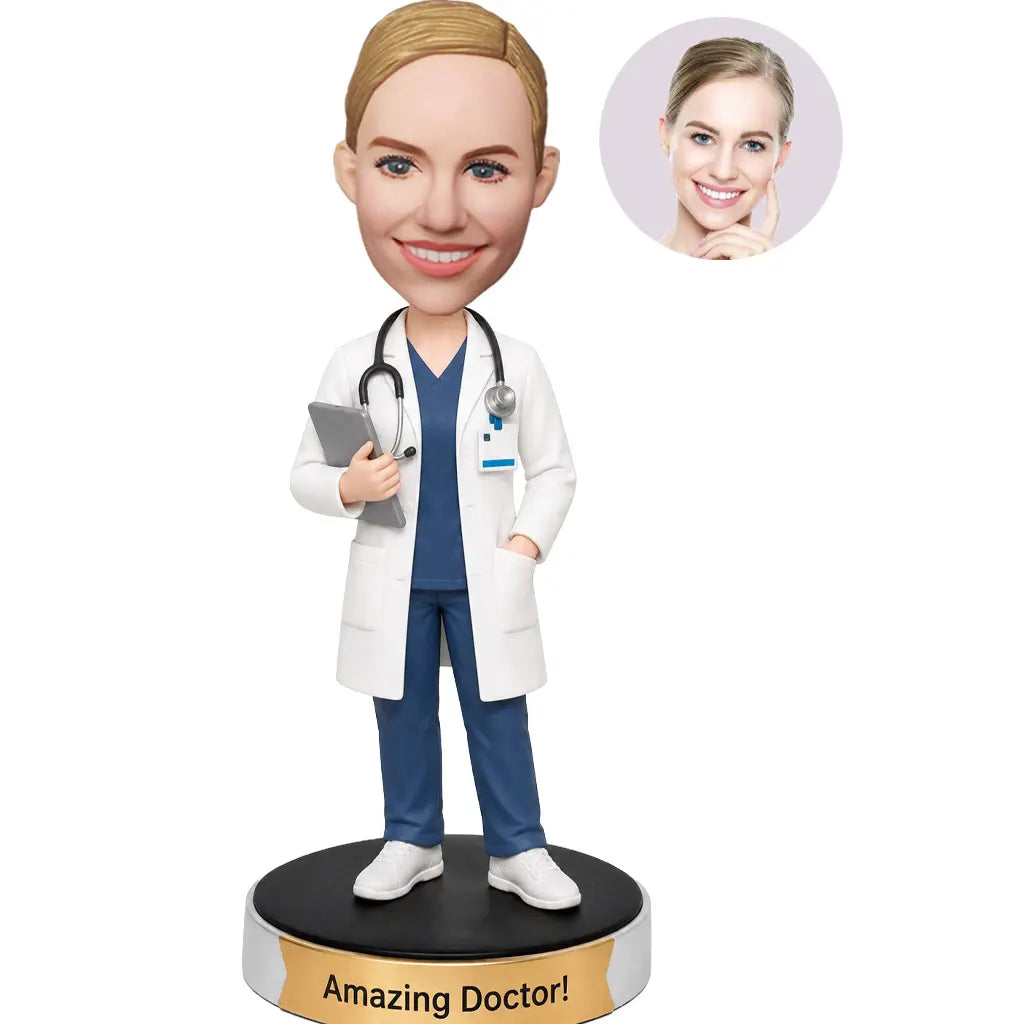 Personalized female doctor bobblehead in white coat and navy scrubs holding a tablet with stethoscope