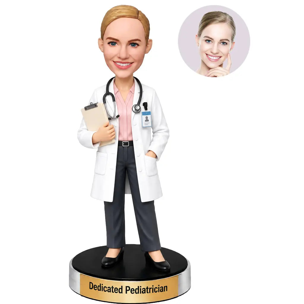 Personalized female pediatrician bobblehead in white coat holding a clipboard with stethoscope