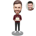 Birthday Man Custom Bobblehead - Burgundy Sweater Holding Cake Personalized Figurine