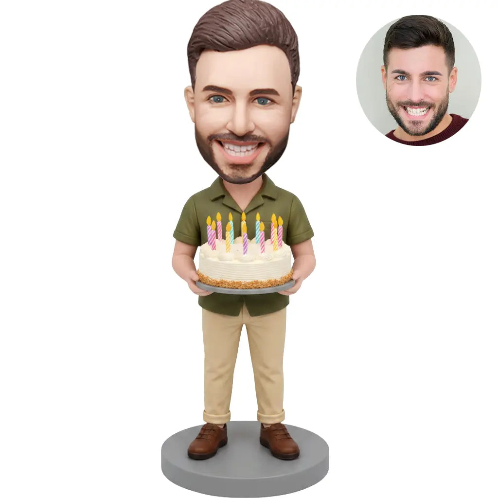 Birthday Man Custom Bobblehead - Holding Birthday Cake Personalized Figurine