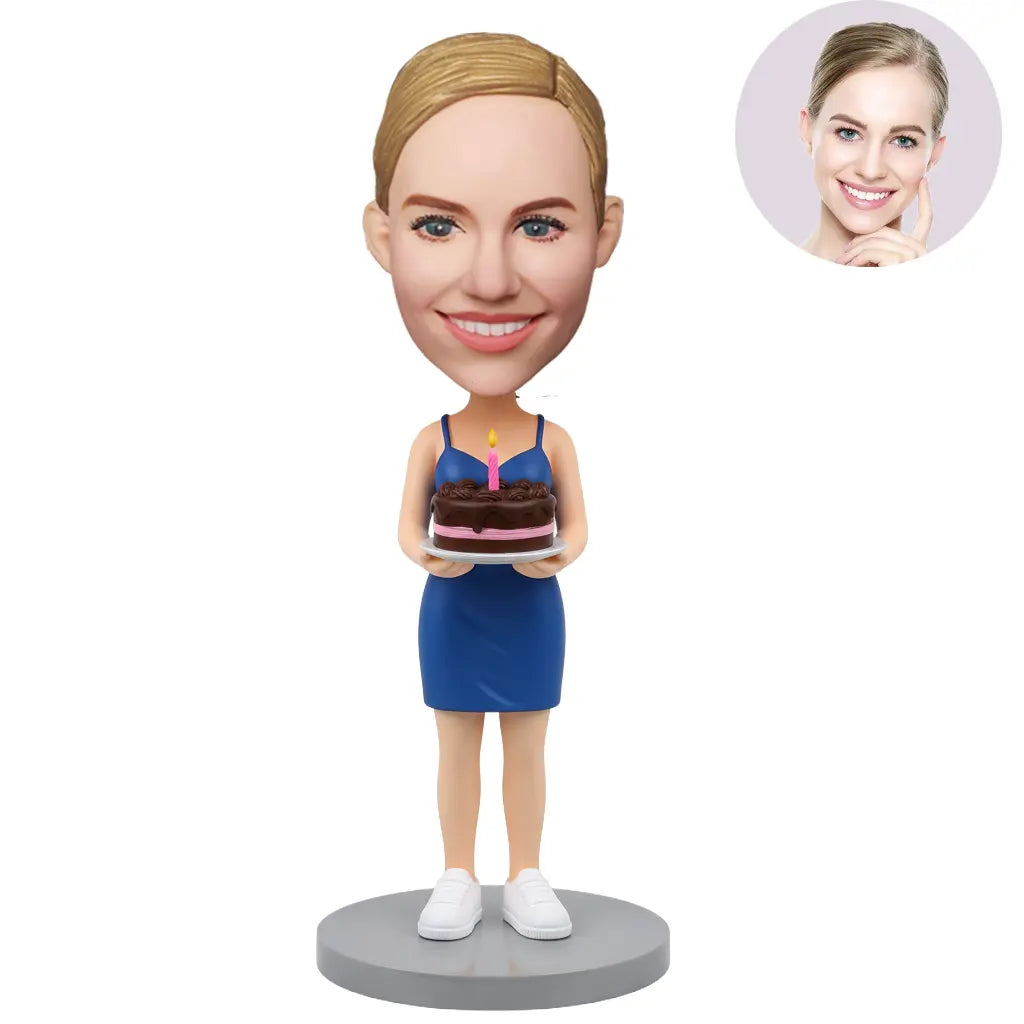 Custom bobblehead birthday gift for her – personalized woman in blue dress holding a birthday cake