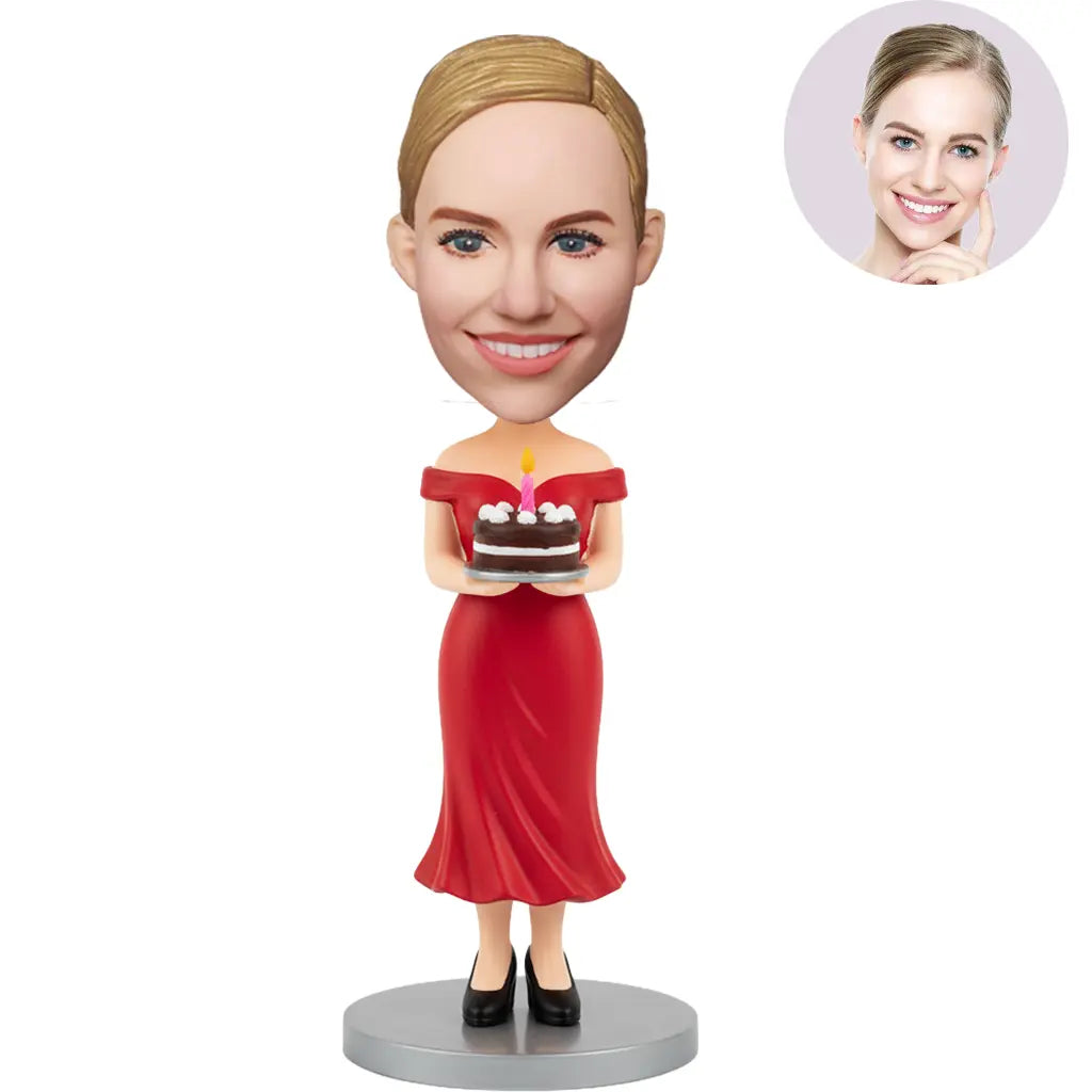 Custom bobblehead birthday gift for her – personalized woman in red off-shoulder dress holding a birthday cake