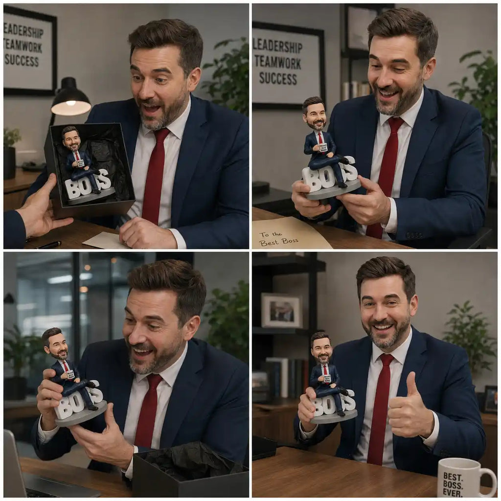 Happy boss reacting with surprise while unboxing his custom bobblehead, the perfect personalized bobblehead from photo for a memorable office gift