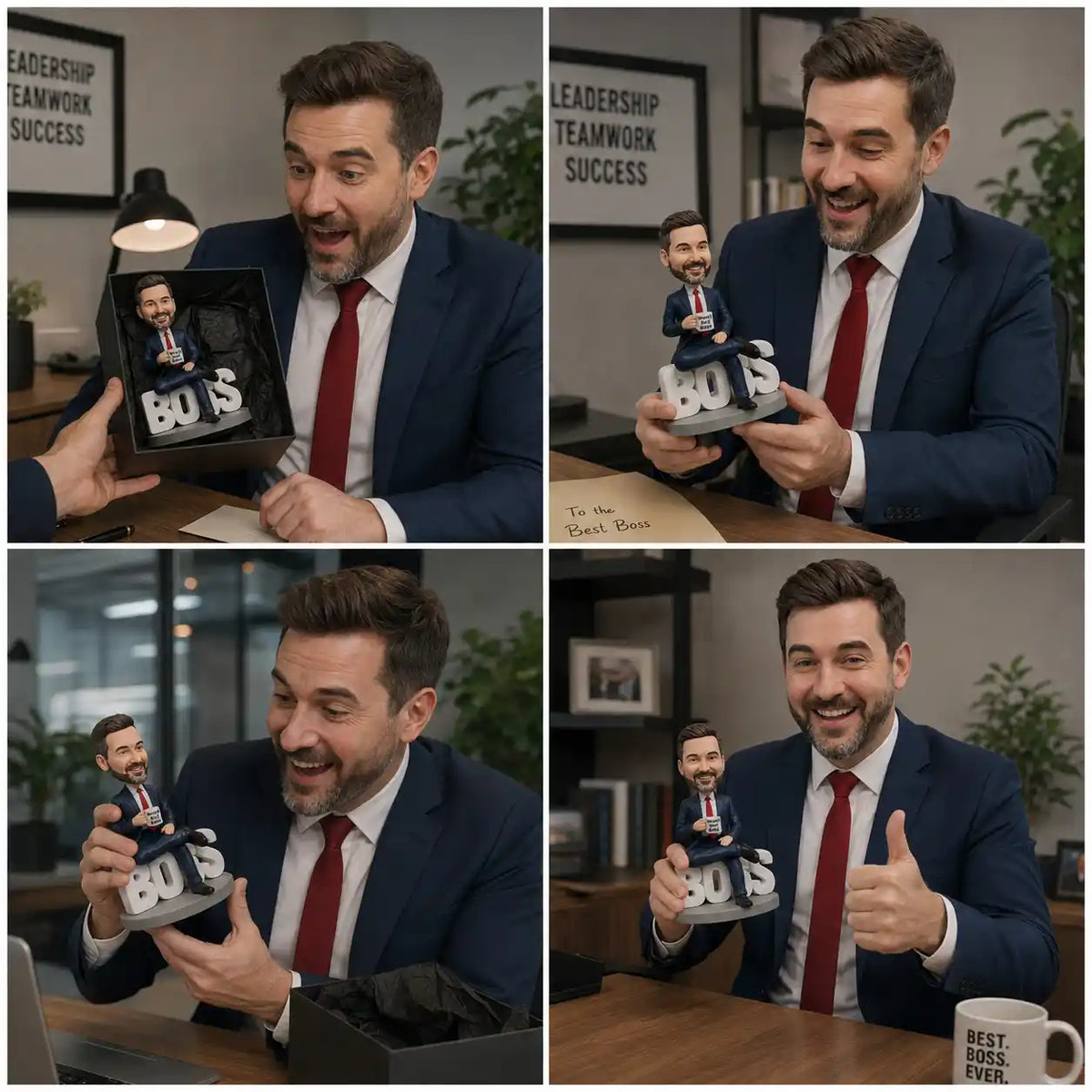 Happy boss reacting with surprise while unboxing his custom bobblehead, the perfect personalized bobblehead from photo for a memorable office gift