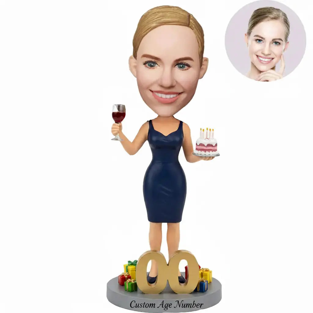 Custom Female Birthday Bobblehead from Photo | Personalized Birthday Gift for Her with Custom Age Number