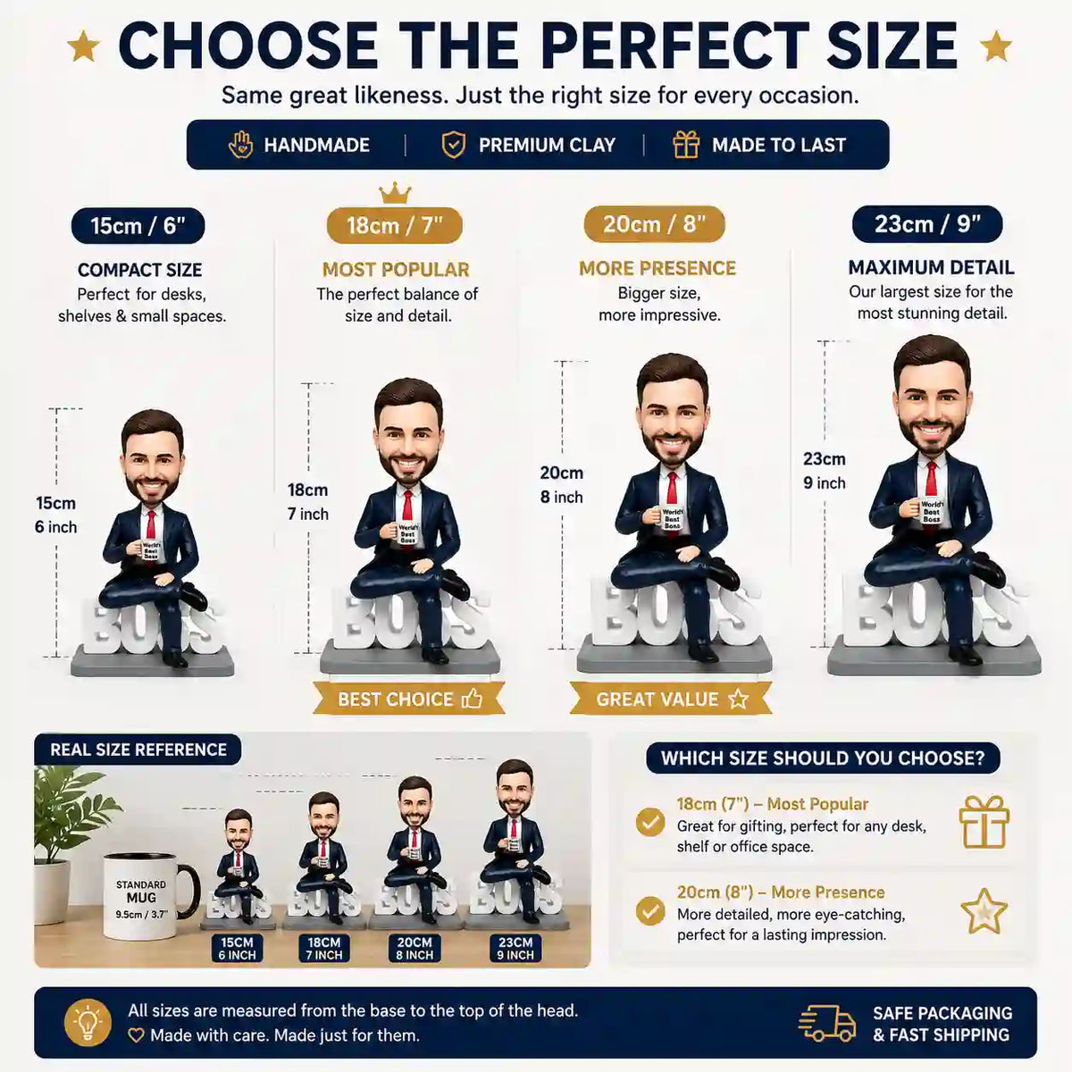 Size comparison guide for custom bobblehead, showing 6 inch to 9 inch height options for personalized boss bobblehead from photo next to a standard coffee mug