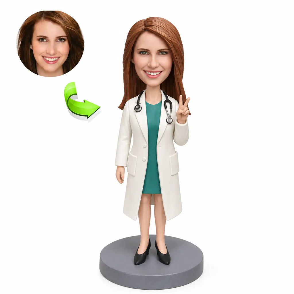 Custom caring female doctor bobblehead personalized from photo in a white doctor coat