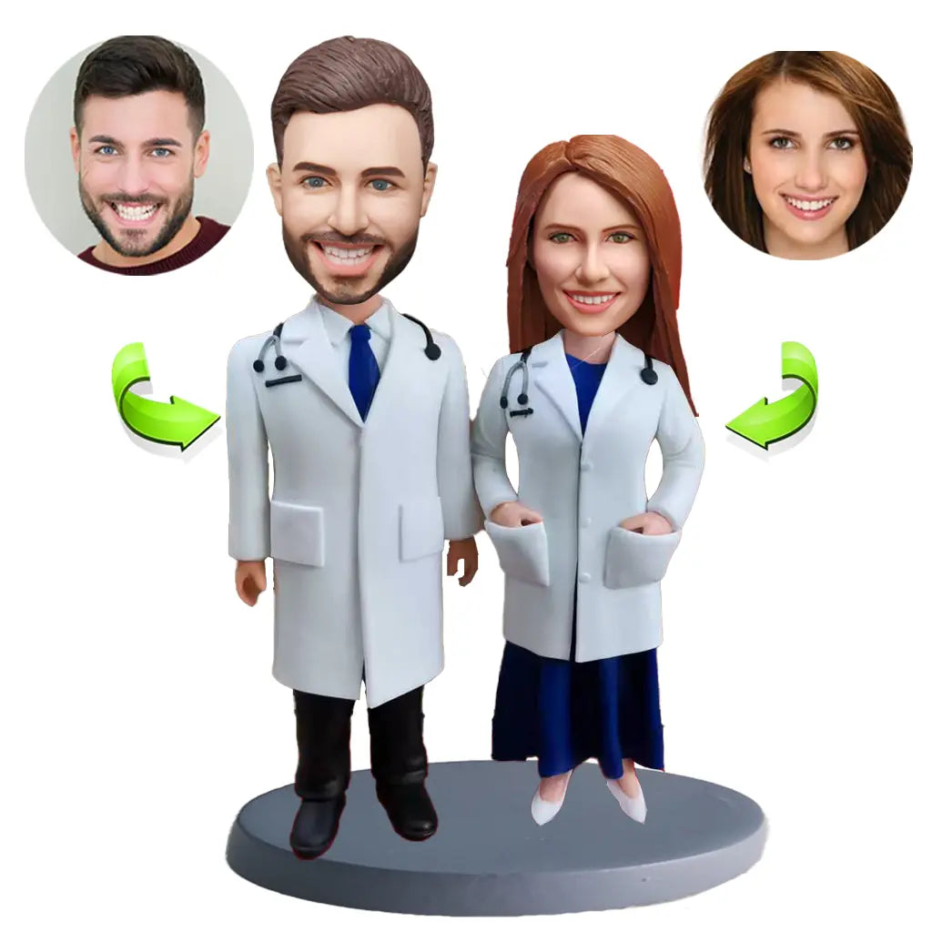 Custom doctor couple bobblehead personalized from photos for two doctors or medical professionals