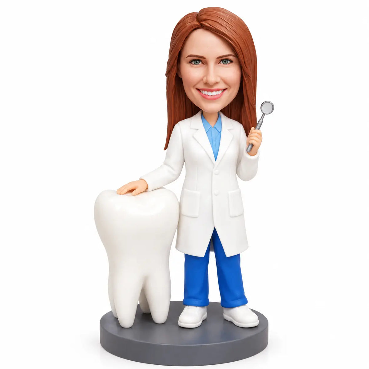 Custom female dentist bobblehead in white coat holding a dental mirror beside a giant tooth