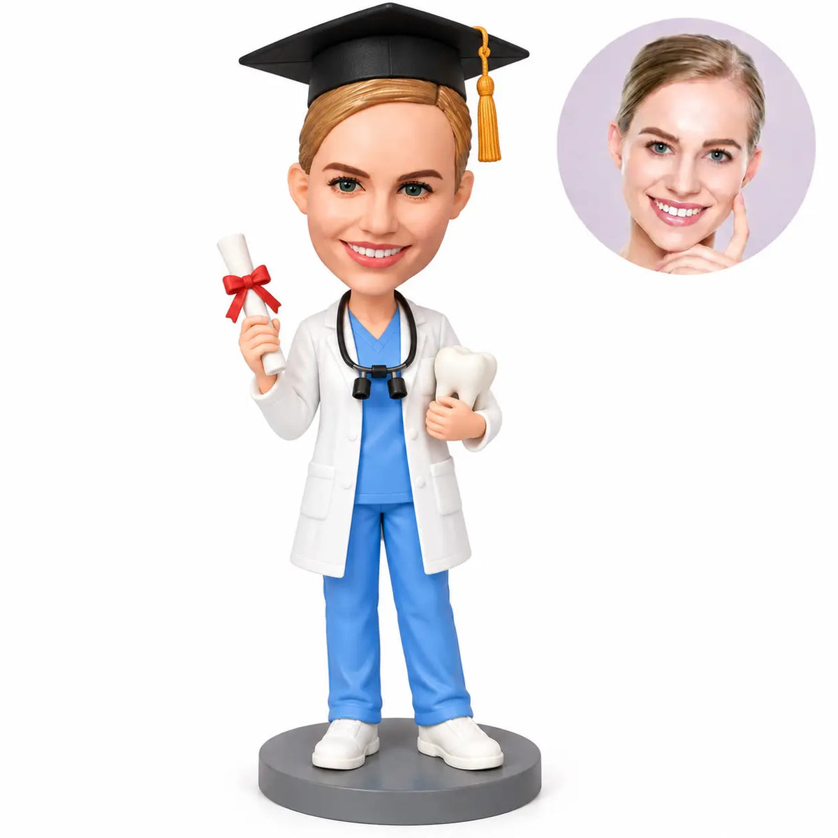 Custom female dentist graduation bobblehead with graduation cap, diploma and tooth model