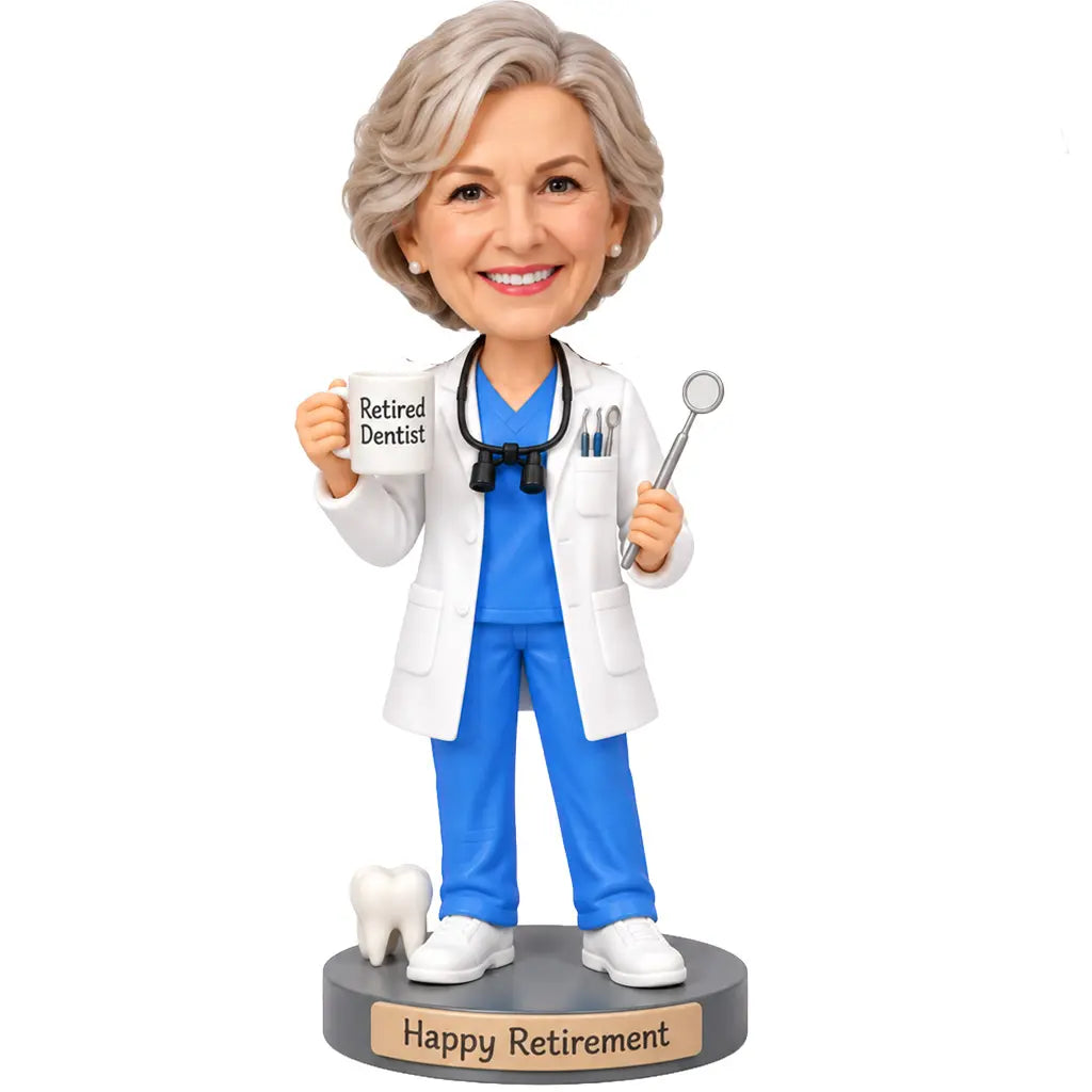 Custom female dentist retirement bobblehead holding a Retired Dentist mug and dental mirror