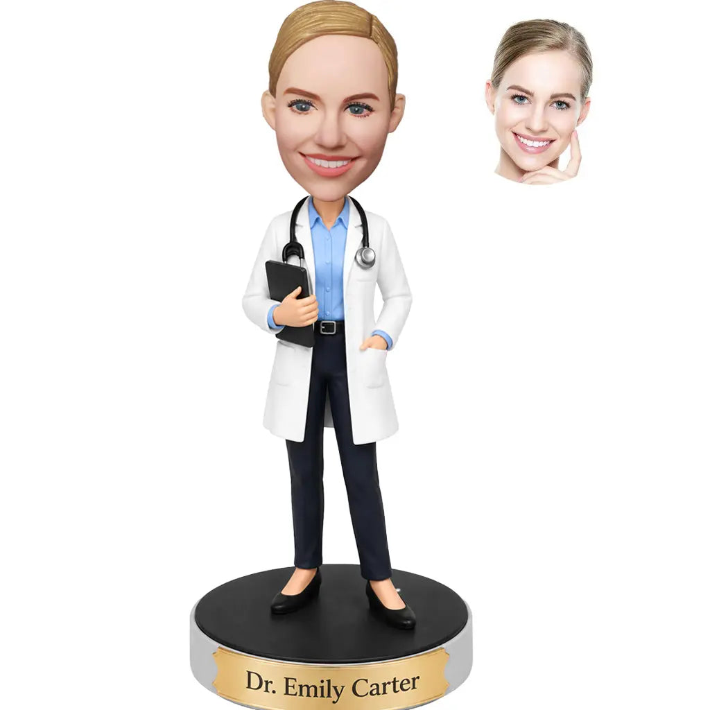 Custom female doctor bobblehead from photo with white coat and stethoscope