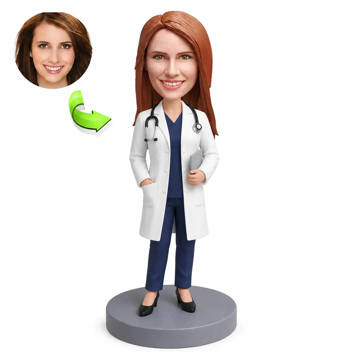 Custom female doctor bobblehead personalized from photo with stethoscope