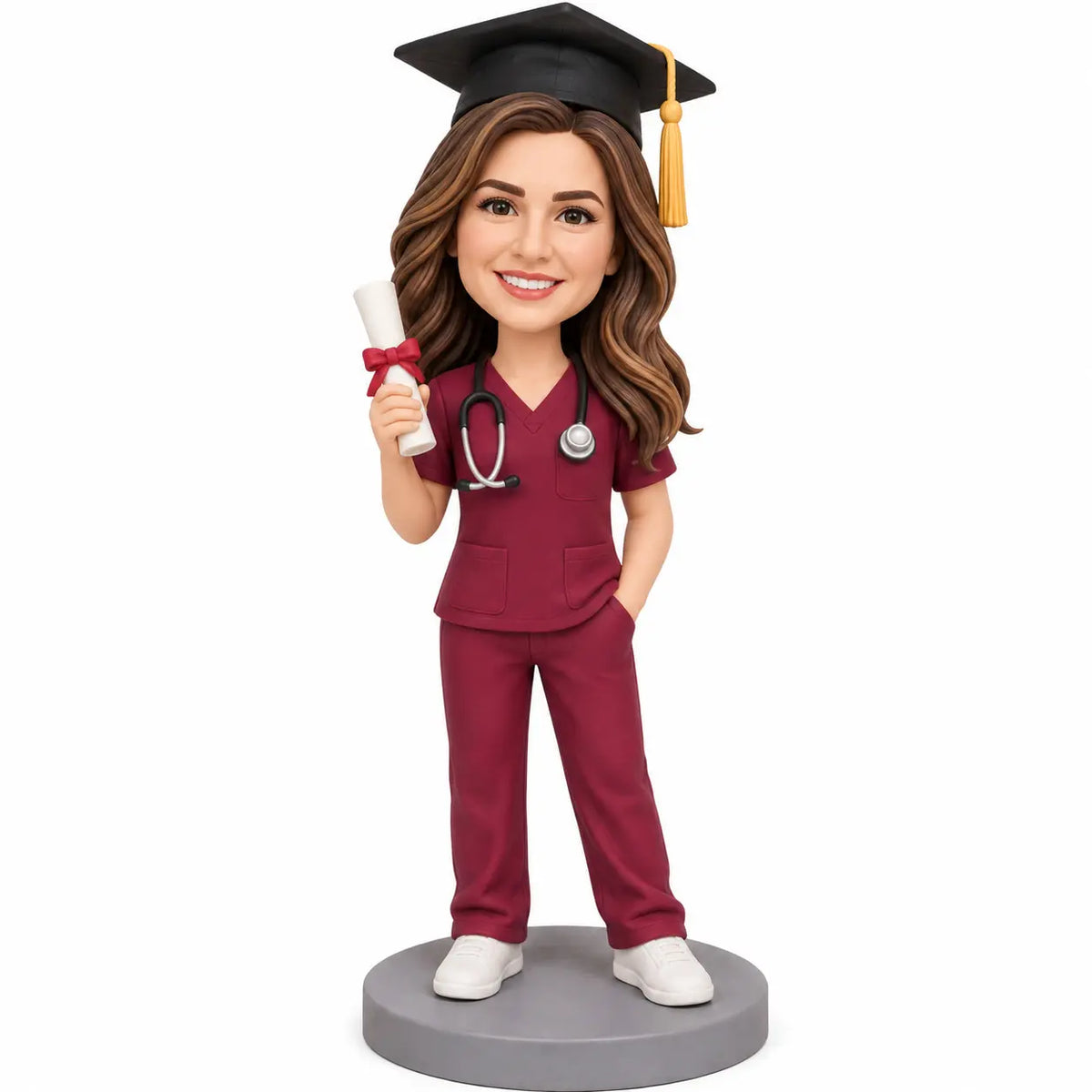 Custom female nurse graduation bobblehead in burgundy scrubs with graduation cap and diploma