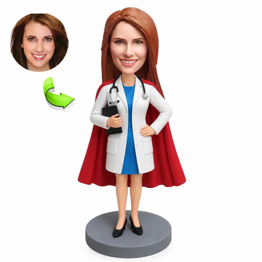 Custom female superhero doctor bobblehead personalized from photo wearing a superhero cape