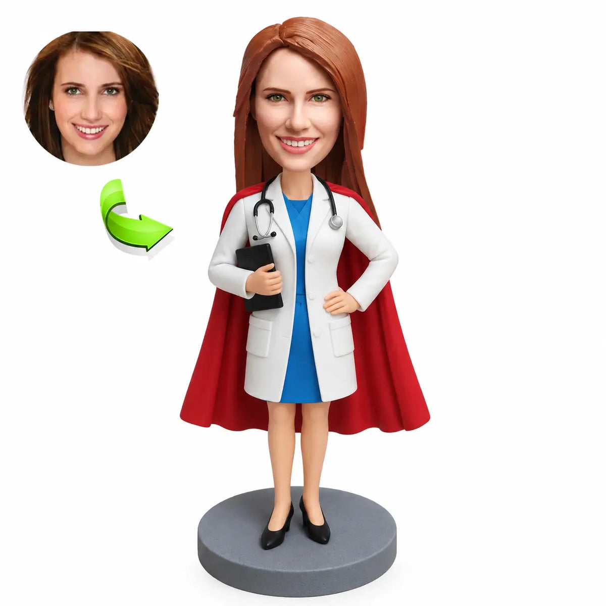 Custom female superhero doctor bobblehead personalized from photo wearing a superhero cape