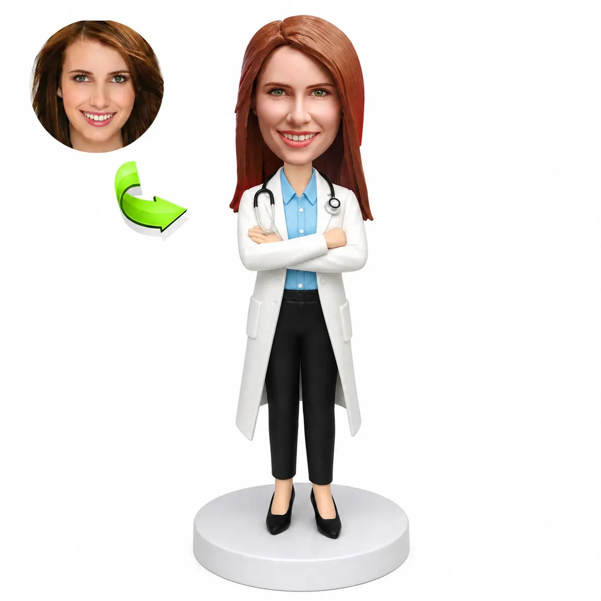 Custom female surgeon birthday bobblehead personalized from photo