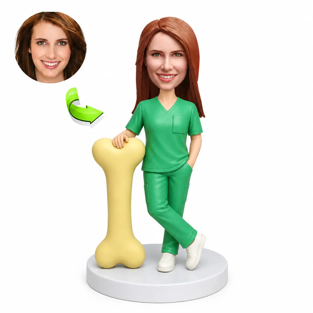 Custom female surgeon birthday bobblehead personalized from photo