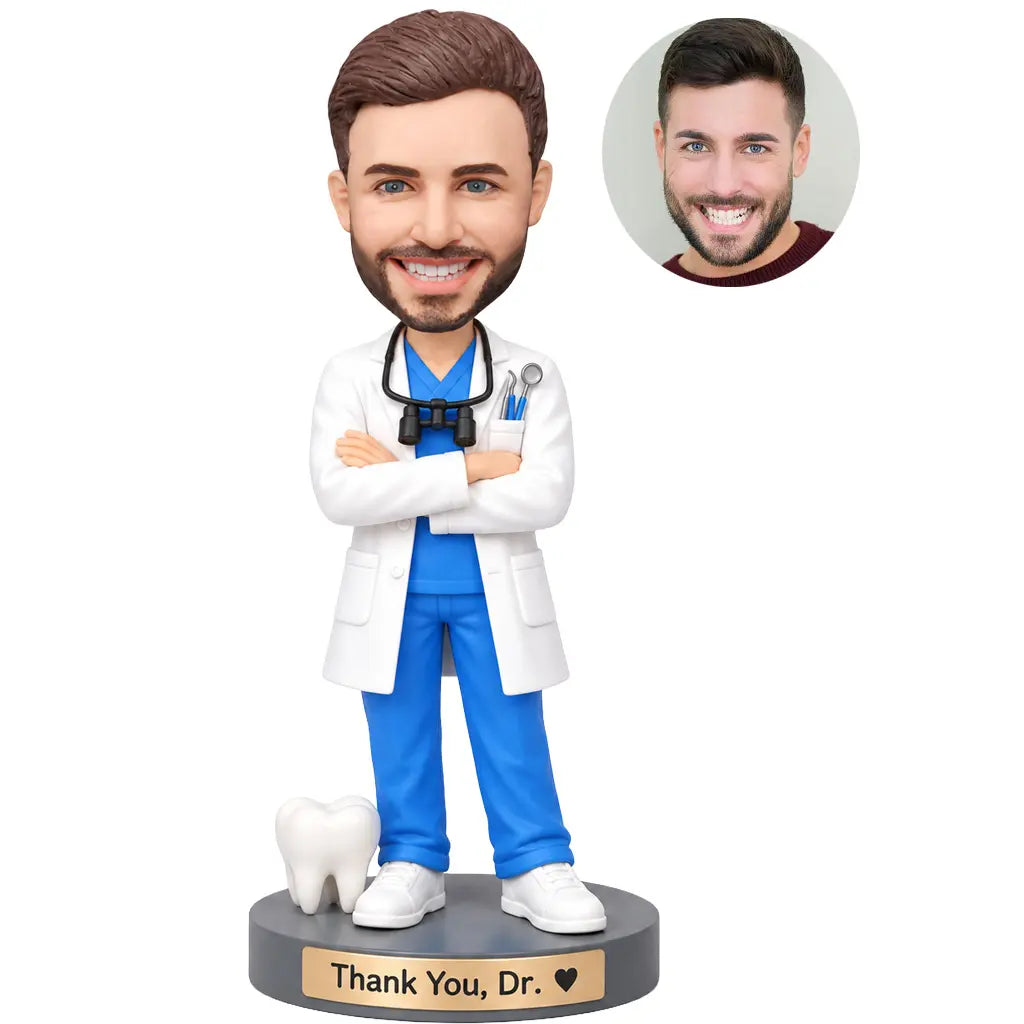 Custom male dentist thank you bobblehead with crossed arms and tooth detail on base