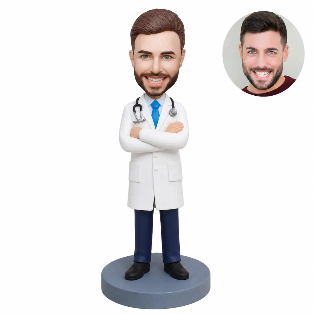 Custom male doctor bobblehead from photo with crossed arms in white coat and stethoscope